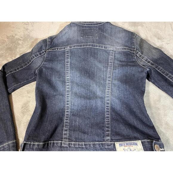 TRUE RELIGION Denim Trucker Jacket Blue Denim Jean Snap Button Sz XS Woman Logo - Picture 11 of 16